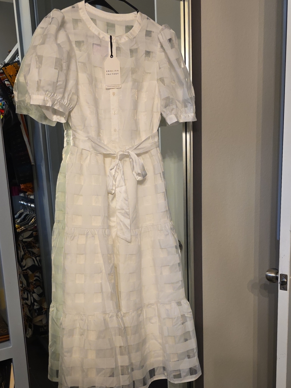 English Factory White Sheer Check Midi Dress with Puff Sleeves and Tie Waist